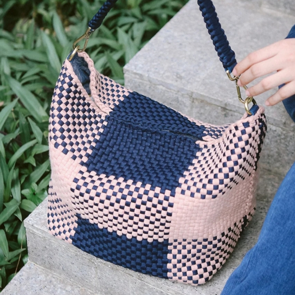 Nena & Co. Woven Shoulder Bag in Navy and Blush Pink